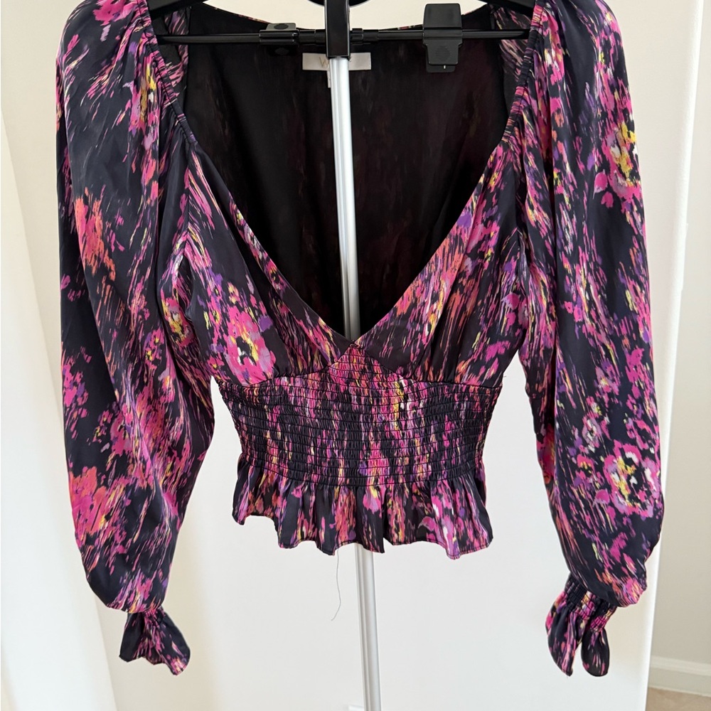 Wayf Pink and Purple Puff Sleeve Smocked Blouse